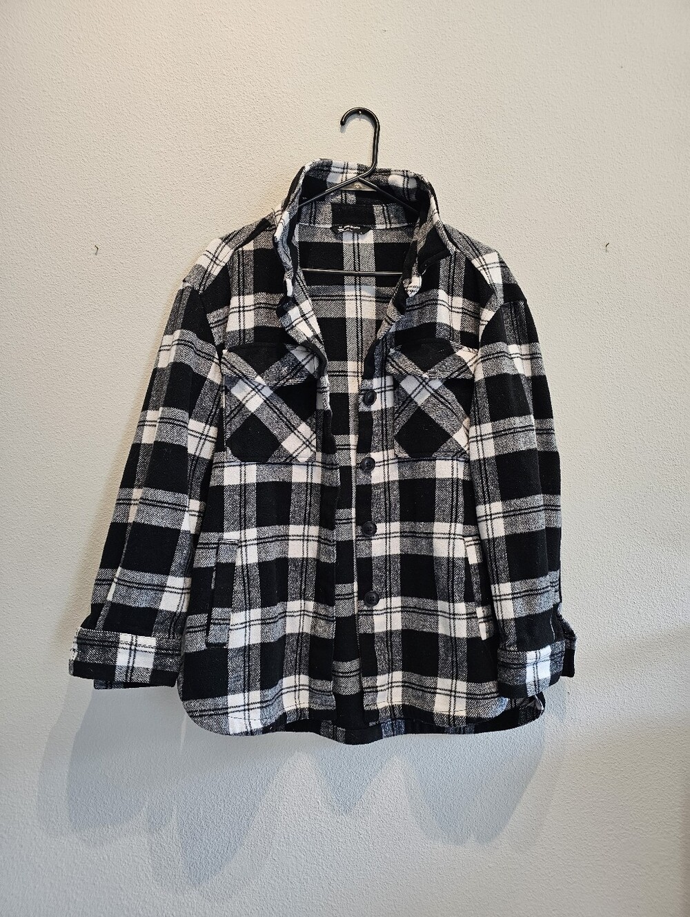 Black & White Plaid Womens Jacket With Pockets- Cozy Button-Up - Medium